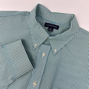 LANDS END ‎ Mens Shirt White Teal Stripe Supima PinPoint 17-17.5